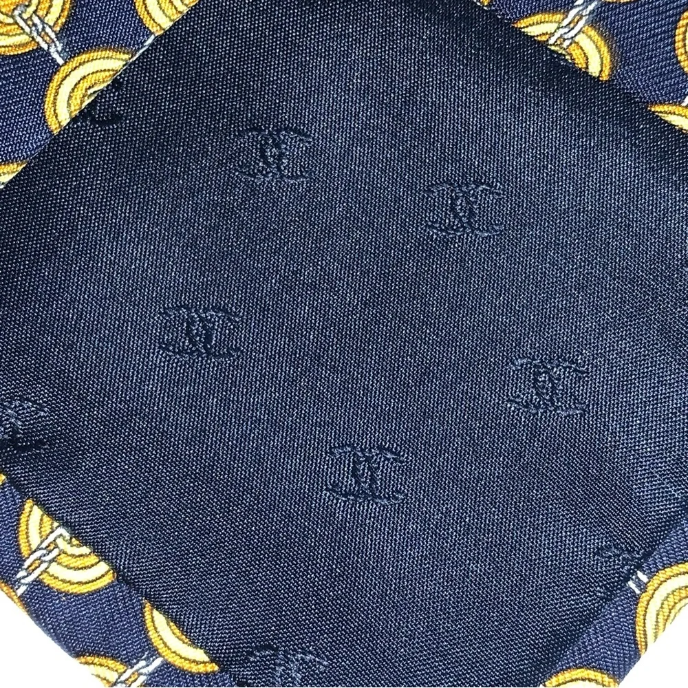 CHANEL navy/golden yellow SILK necktie CRAVAT CC logo CUFFLINK graphic - Picture 4 of 11